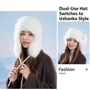 Winter faux fur trapper hat in white featuring ear flaps and plush thermal lining