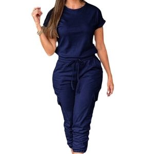 Women's casual navy blue two-piece set with short sleeve top and drawstring cargo pants