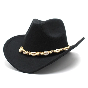 Classic black wool western cowboy hat with ethnic shell and wooden bead woven band decoration