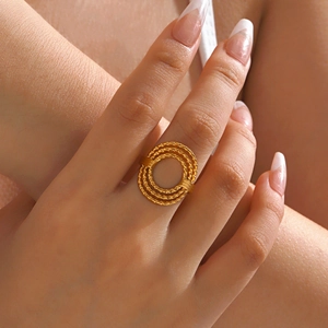 Stainless Steel Hollow Round Ring Multi Layer Textured Geometric Open Adjustable Fashion Jewelry Women
