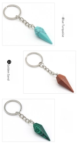Detail view of hexagonal conical keychains in blue turquoise and golden sand stones