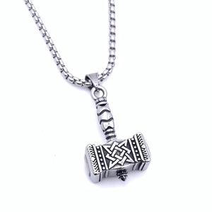 Detailed close-up of a silver Mjölnir pendant with Valknut symbols and a square link chain