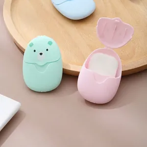 Portable Disposable Soap Sheets Cartoon Bear Plastic Case Dissolvable Paper Soap For Hand Washing Travel Mini Cleaning