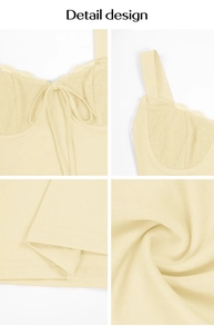 Detalle de la camiseta de encaje amarillo con bordado del busto y tejido suave