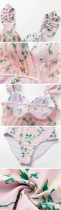 Vue détaillée d'un maillot de bain rose fleuri montrant les volants et la texture du tissu
