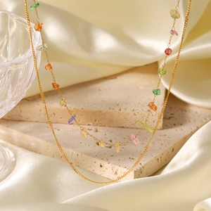 Double-layered 18K gold plated stainless steel necklace with colorful natural stone chips