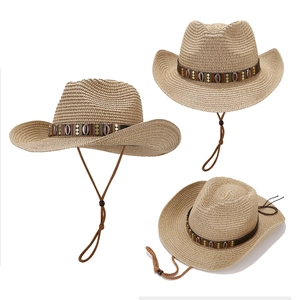 Straw Panama western cowboy sun hat with decorative beaded band and adjustable chin strap