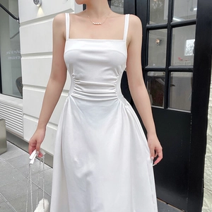 Elegant white square neck pleated waist midi dress for women with a sleek A-line silhouette