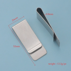 Polished silver stainless steel money clip 52x20mm shown from multiple angles