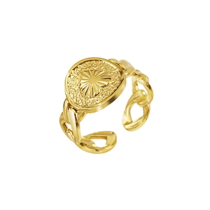 Adjustable golden heart Cuban chain ring with sunburst coin detail in vintage style