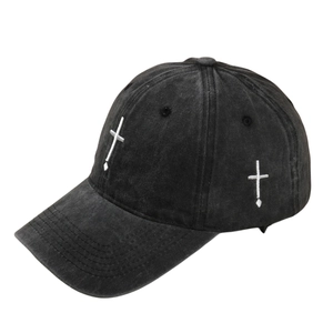 Vintage washed cotton baseball cap featuring white cross embroidery in charcoal grey