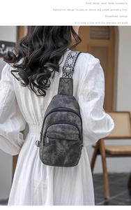Detail of grey crossbody sling bag with geometric strap and three zipper pockets