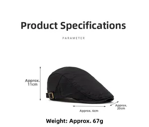 Detail view of black ivy cap showing product dimensions and adjustable buckle design