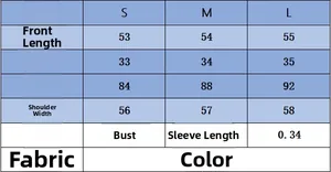 Size chart for women contrast long sleeve knit top with detailed measurements and fabric