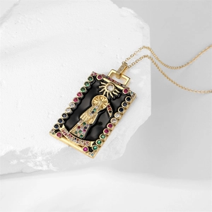 Detail of tarot style sun goddess square pendant necklace with colorful inlay