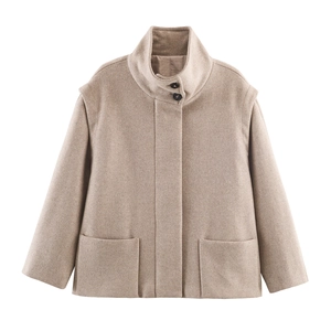 Kurzer Wollmantel Damen Stehkragen Lockere Jacke Einfarbig Oberbekleidung Mit Taschen Mode Eleganter Streetwear