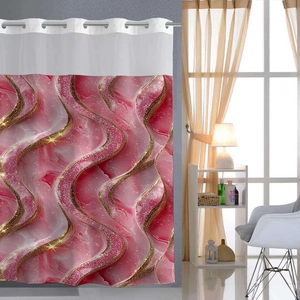 Detail of pink marble shower curtain with gold glitter waves and metal hanging rings