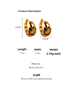 Detailed size chart showing 1.6cm length gold hoops with square brown zircon stones