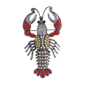 Lobster brooch pin in gunmetal finish with sparkling red, yellow and white rhinestones