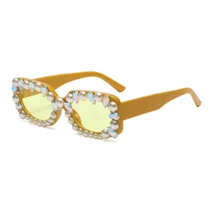 Square diamond and pearl embellished oversized sunglasses with yellow tinted lenses