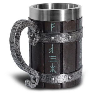 Close-up of viking beer mug with stainless steel interior and nordic rune carvings