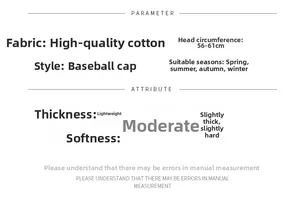 Detailed parameter table showing size, cotton fabric, and features of the mesh baseball cap