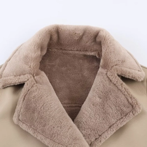 Women's reversible faux shearling jacket in beige faux leather with thick fur collar