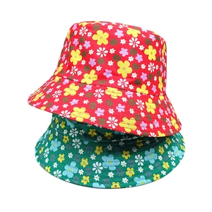 Floral print reversible bucket hat for sun protection in red and green colors