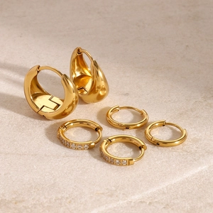 Gold stainless steel hoop earring set with polished water drop and zircon accents
