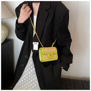 Detail of mini woven straw flap bag with green leather trim and golden flower clasp