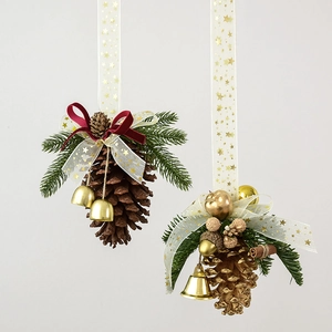 Christmas Pine Cone Hanging Ornament Natural Pinecone Artificial Plant Metal Bell Satin Ribbon For Home Holiday Decor