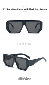 Close-up of square oversized blue frame sunglasses with dark grey lenses in dual views