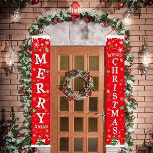 Red Merry Christmas door banners with Santa and snowman motifs for holiday decor