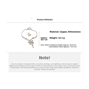 Detail showing copper necklace set dimensions and champagne rhinestone flower design