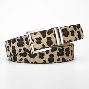 Chic leopard print leather belt with silver square buckle for jeans and dresses