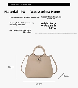 Detailed dimension chart for vintage PU leather bucket bag with metallic bamboo closure