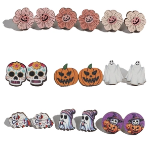Halloween Ohrstecker Holz Kürbis Geist Skelett Lustiger Festlicher Schmuck Mit Edelstahl Ohrstift Für Damen