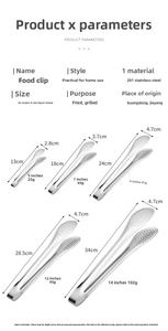 Guide des tailles pour pinces de cuisine en inox de 5 à 14 pouces avec poids et mesures