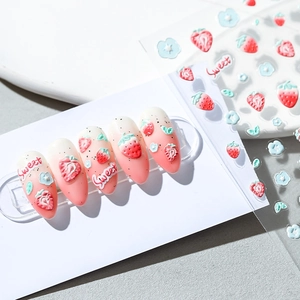 3D Embossed Nail Art Stickers Strawberry Flower Sweet Patterns Relief Self Adhesive Decals DIY Manicure Decoration For Women