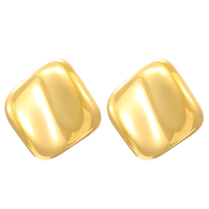Close-up of square 18K gold plated stainless steel stud earrings with smooth rounded edges