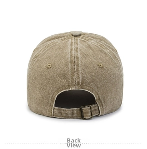 Khaki washed cotton baseball cap rear view featuring a vintage bronze metal buckle