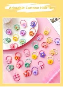 Detailed view of colorful cartoon flower hair ties for kids in various vibrant colors