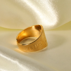 French vintage 18K gold plated stainless steel Jesus ring with textured finish