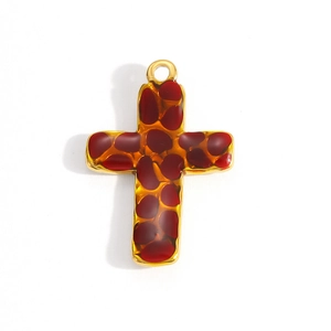 Detailed close-up of 18K gold plated cross pendant with reddish-brown enamel inlay