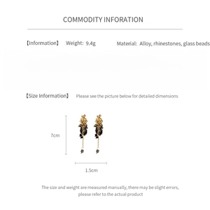 Detailed size chart and specs for gold tassel flower earrings with rhinestones and beads