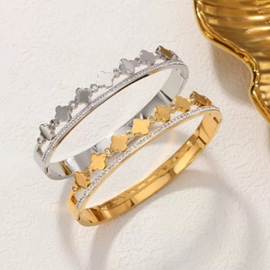 Four-Leaf Clover Bangle Stainless Steel Zircon Inlaid Open Cuff Bracelet Fashion Luxury Jewelry For Women
