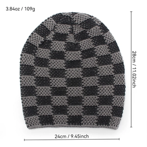 Winter checkered knit beanie hat with thermal fleece lining and size measurements