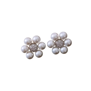 French vintage flower stud earrings with white pearls and sparkling cubic zirconia center