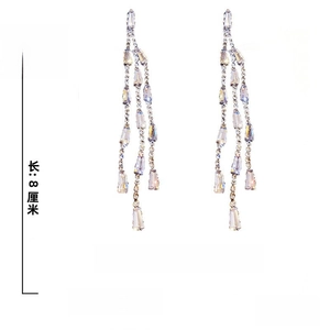 Detail view of silver tassel earrings showing weight of 5.8g and length of 8cm