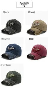 Detailed grid view of washed cotton baseball caps featuring eagle embroidery and stitching
